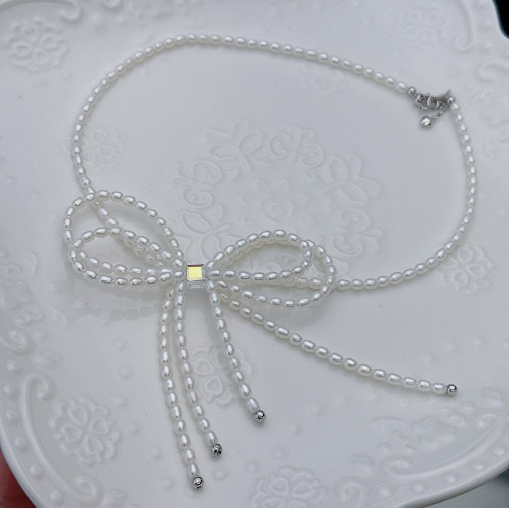 X359 S925 High Quality Freshwater Pearl Bow Necklace - Picture 2 of 8